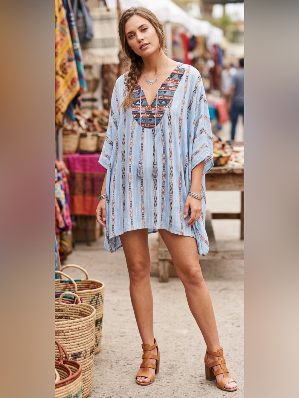 Umgee Boho Striped Tunic Dress Blue Geometric Embroidered V-Neck Oversized M/L